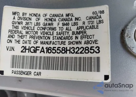 2008 Honda Civic Lx z USA, uszkodzony, nr VIN 2HGFA16558H322853